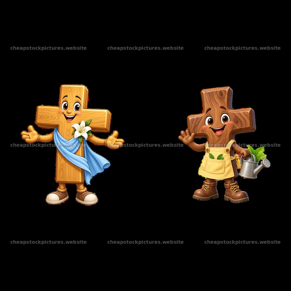 Easter cross characters in cheerful poses with accessories – stock pictures 7746x7746