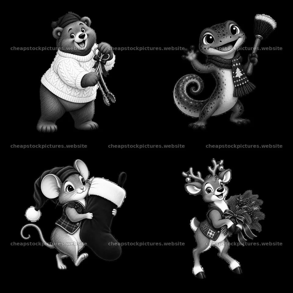 Cartoon animals celebrating Christmas by the fireplace – stock pictures 7746x7746