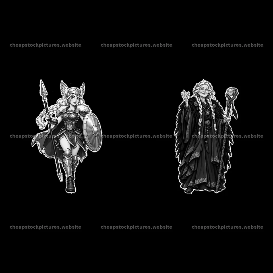 Odin the norse all-father with valkyrie and divine magic – stock pictures 7746x7746