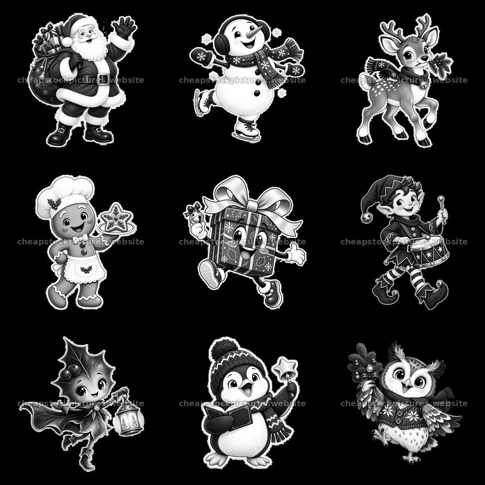 Christmas cartoon characters in a 3x3 grid layout – stock pictures 7746x7746