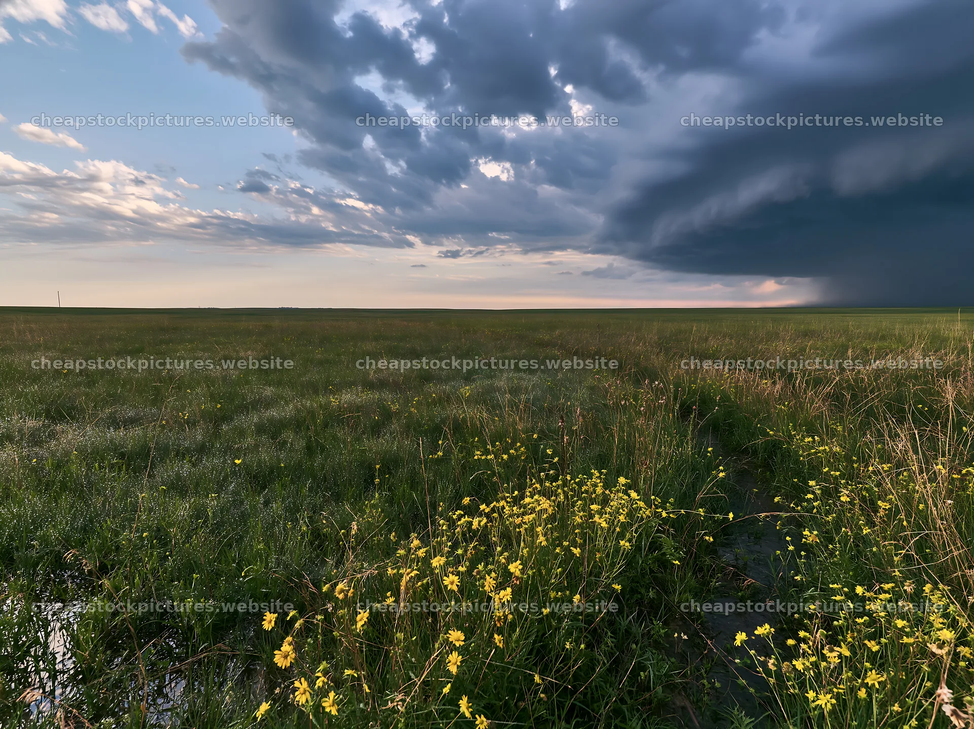 Rainwashed meadow with flowers and stormy sky – stock pictures 9174x6866