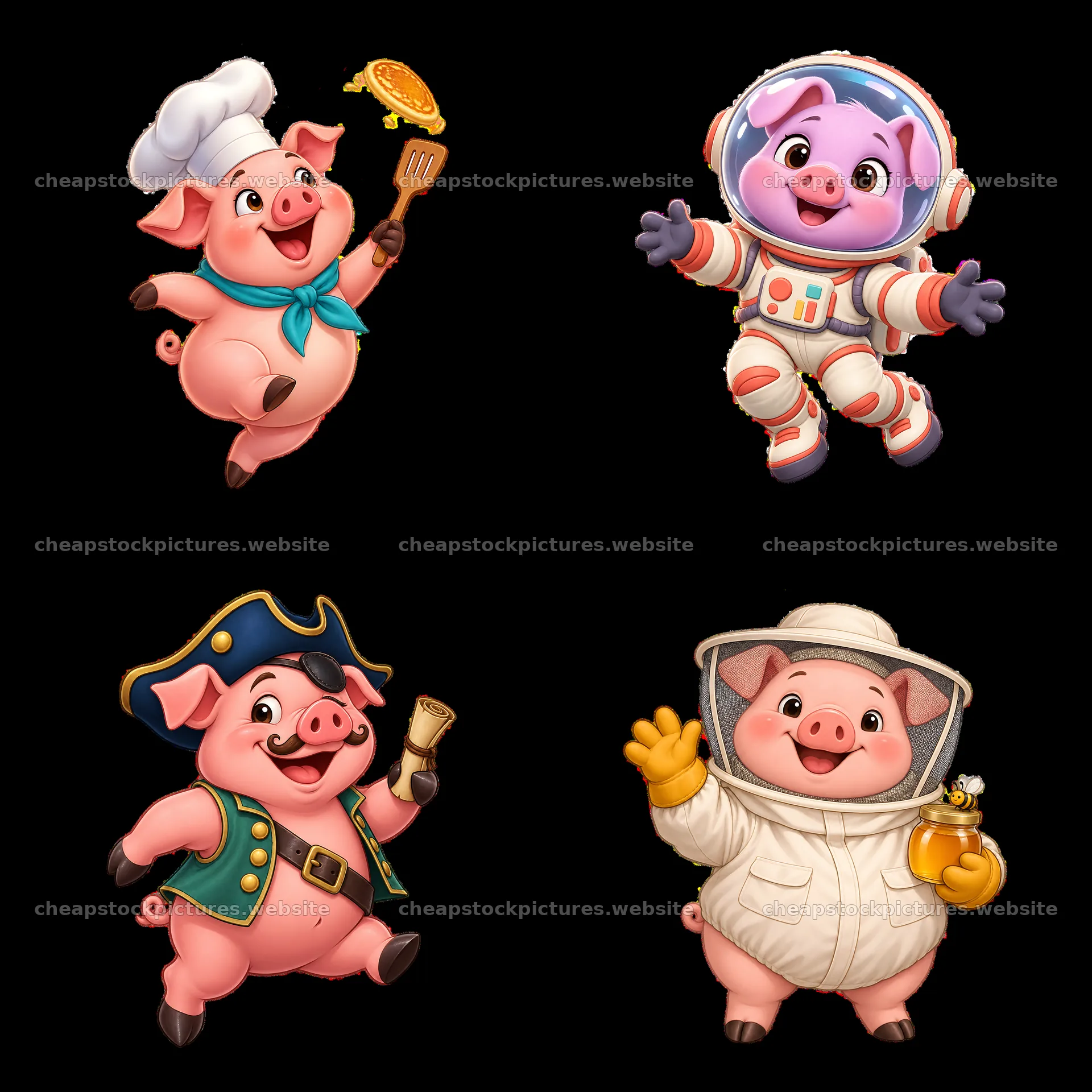 Cheerful pig characters in various costumes and activities – stock pictures 7746x7746