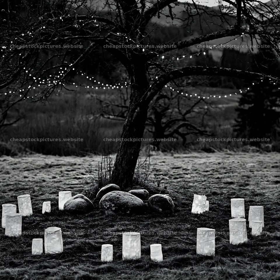 Frosted stones and lanterns around apple tree in meadow – stock pictures 7938x7938
