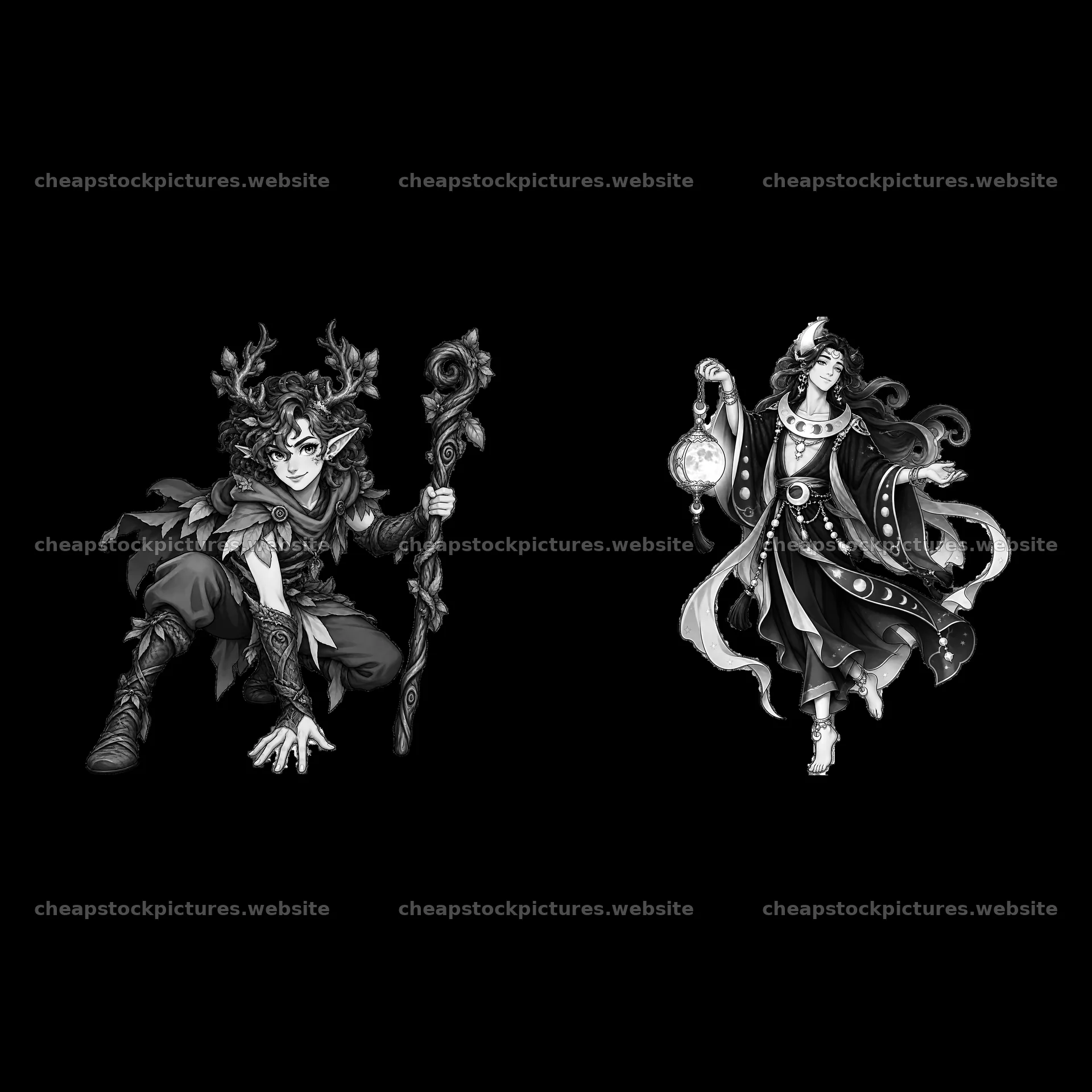 Nature deity with staff and moon goddess illustration – stock pictures 7746x7746