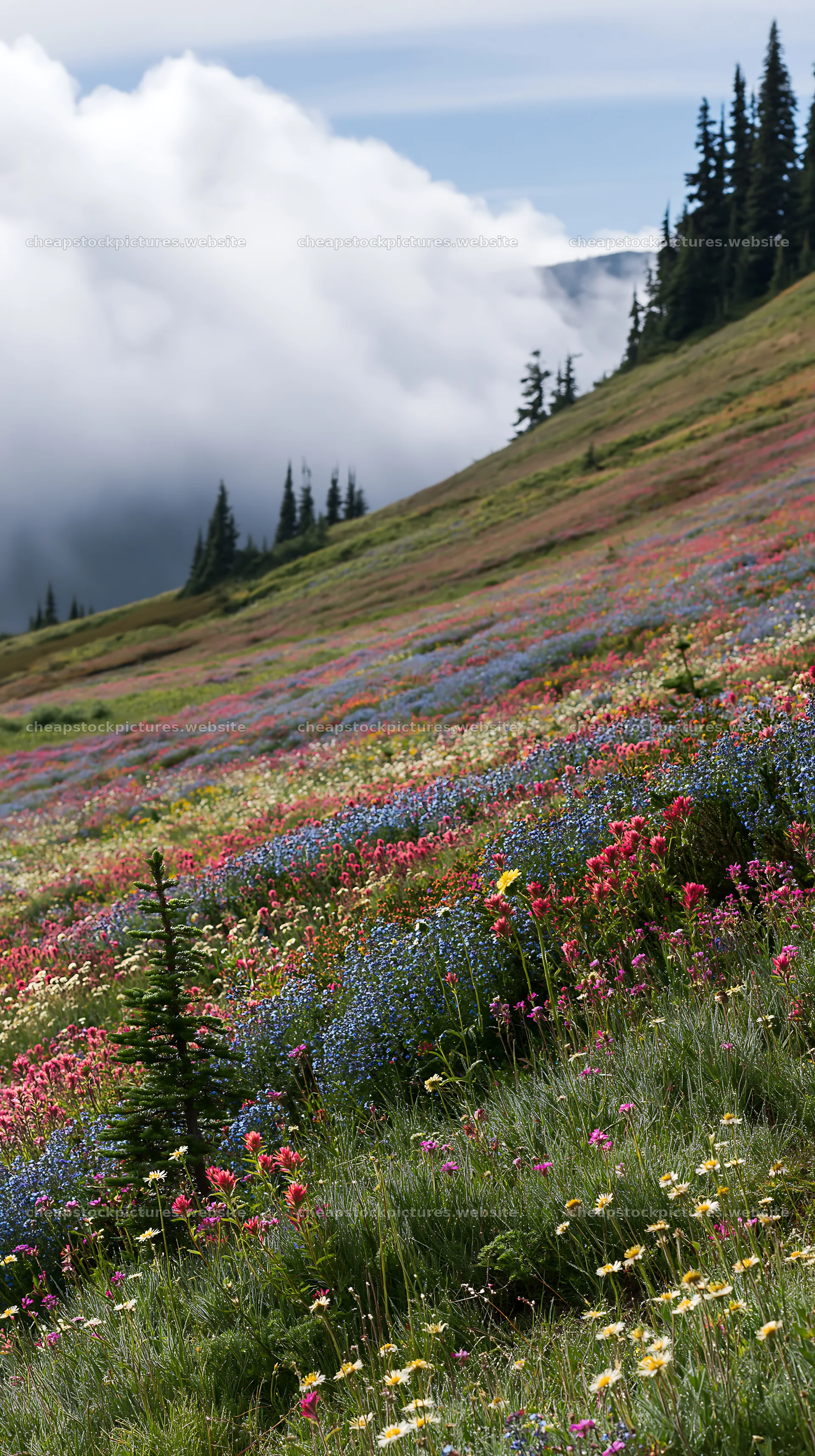 Silver dew meadow with colorful flowers in a natural setting – stock pictures 5938x10608