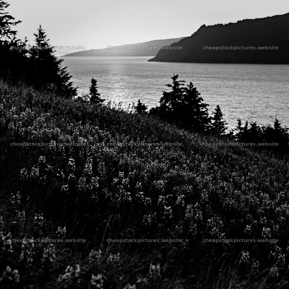 Fireweed meadow sunset over the water and mountains – stock pictures 7938x7938