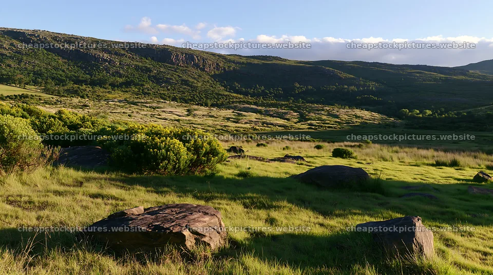 Vast meadow landscape with rocks and distant hills – stock pictures 10608x5938