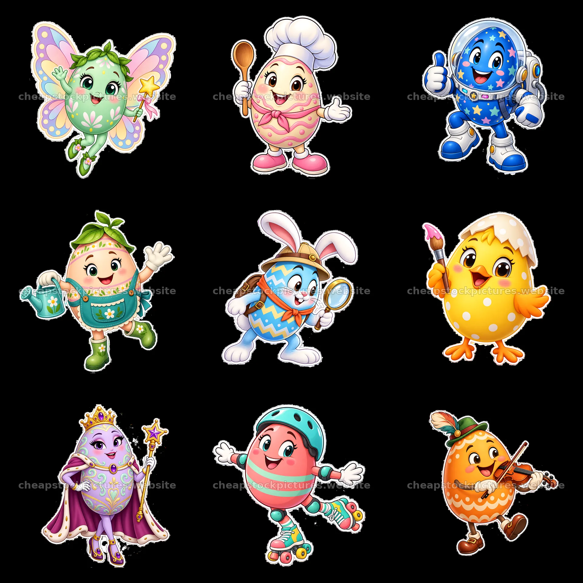 Fun cartoon Easter egg characters in a playful 3x3 layout – stock pictures 7746x7746