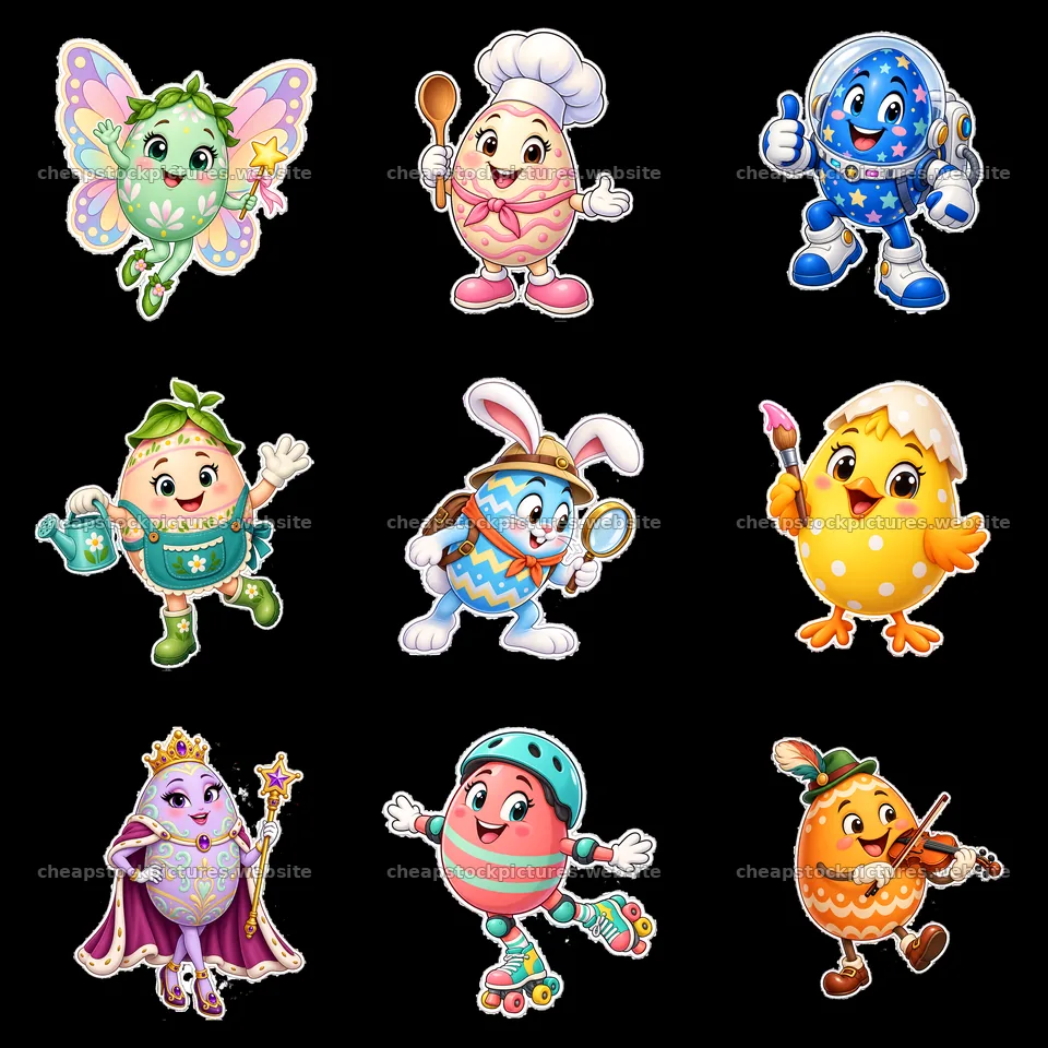 Fun cartoon Easter egg characters in a playful 3x3 layout – stock pictures 7746x7746