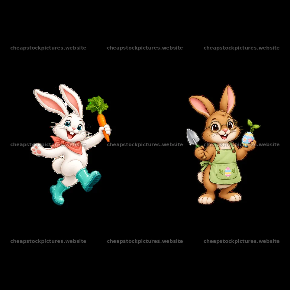 Easter bunnies with carrot and gardening tools in playful poses – stock pictures 7746x7746