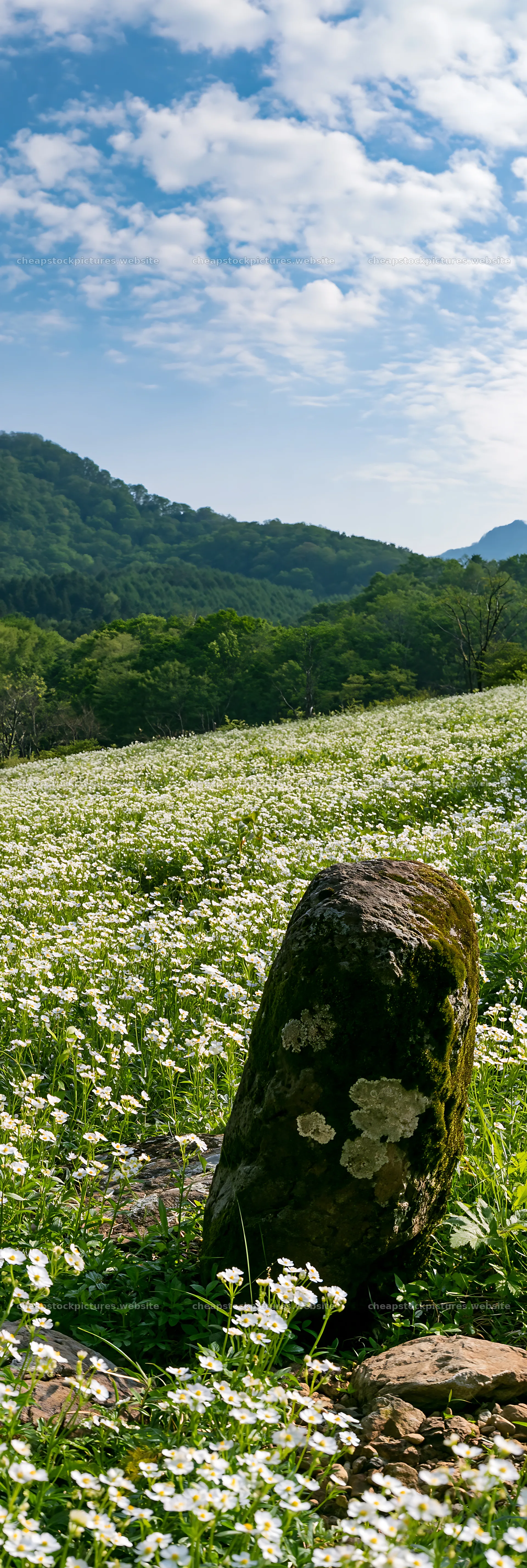 Mossy stone in a meadow filled with flowers in Miyagi – stock pictures 4602x13690
