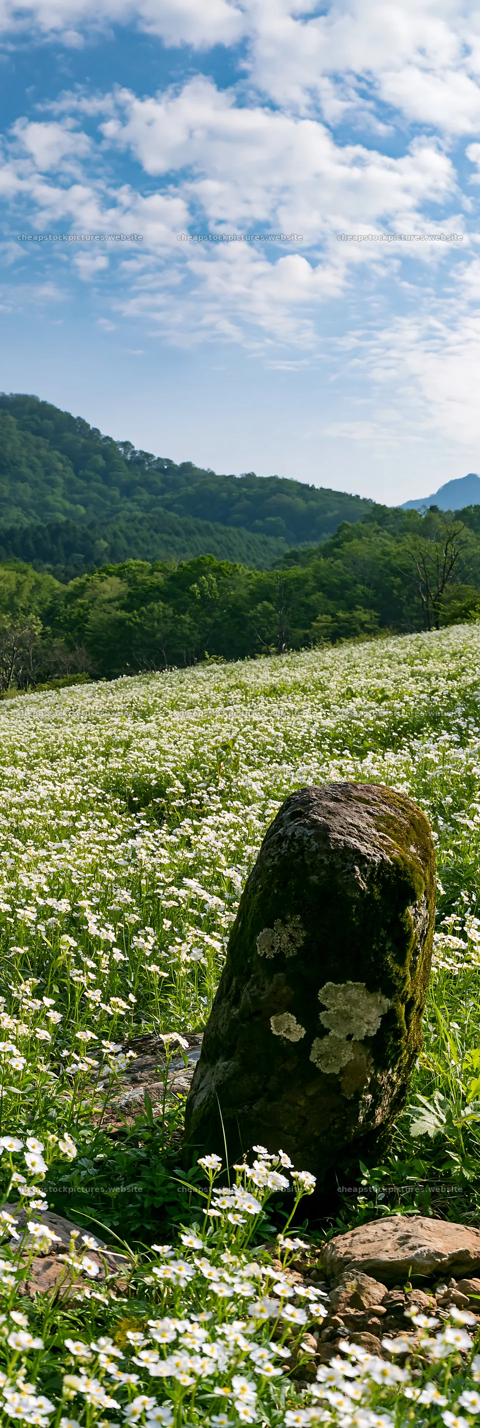 Mossy stone in a meadow filled with flowers in Miyagi – stock pictures 4602x13690