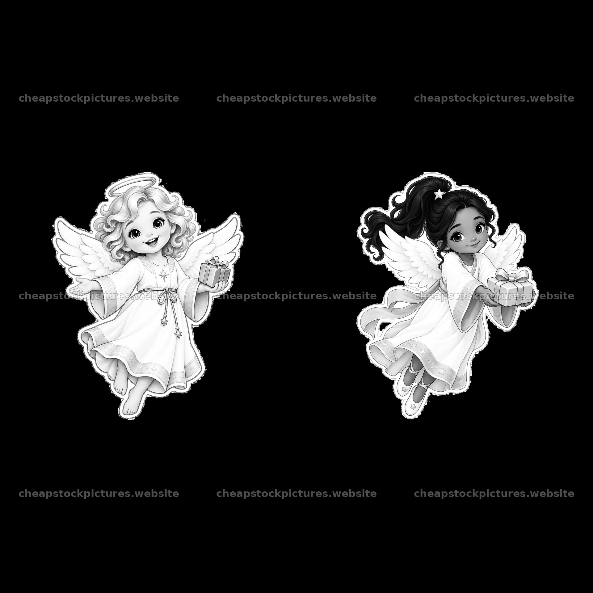 Christ Child characters holding gifts in monochrome illustration – stock pictures 7746x7746