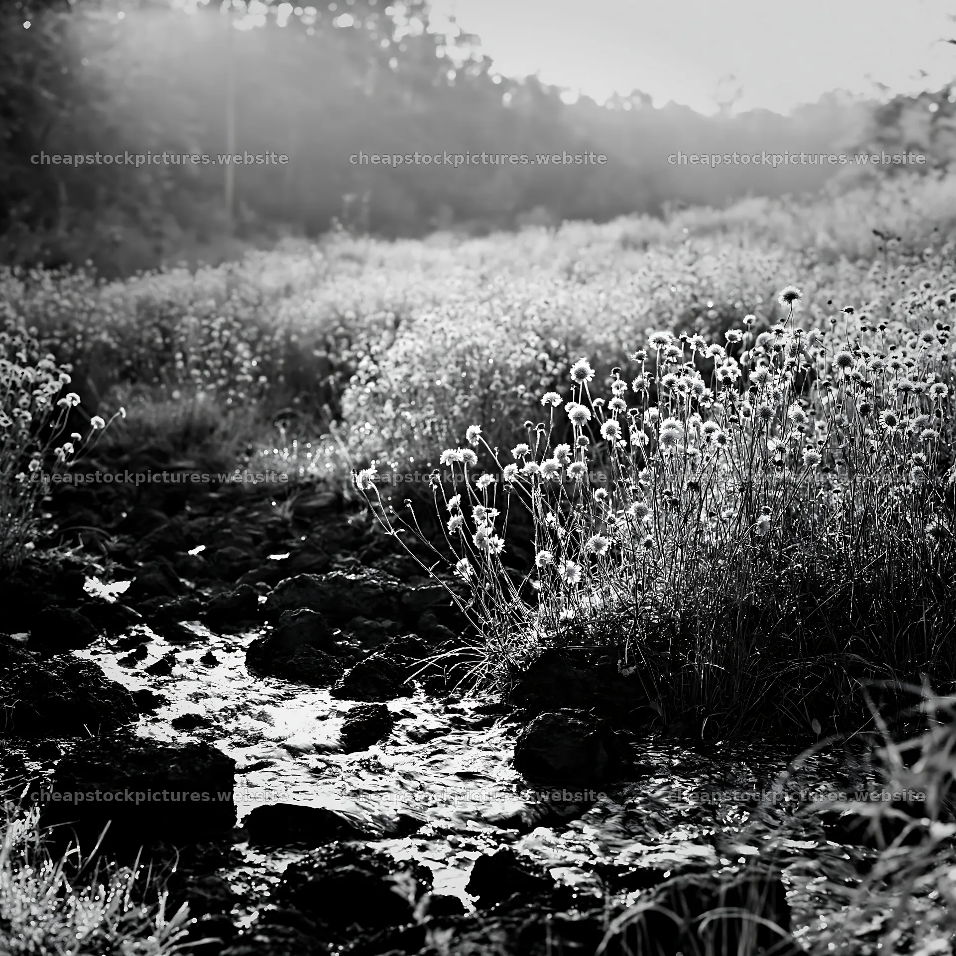 High contrast meadow with water stream and wildflowers – stock pictures 7938x7938