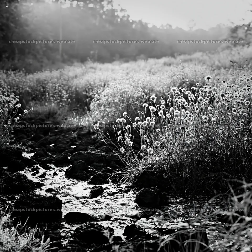High contrast meadow with water stream and wildflowers – stock pictures 7938x7938