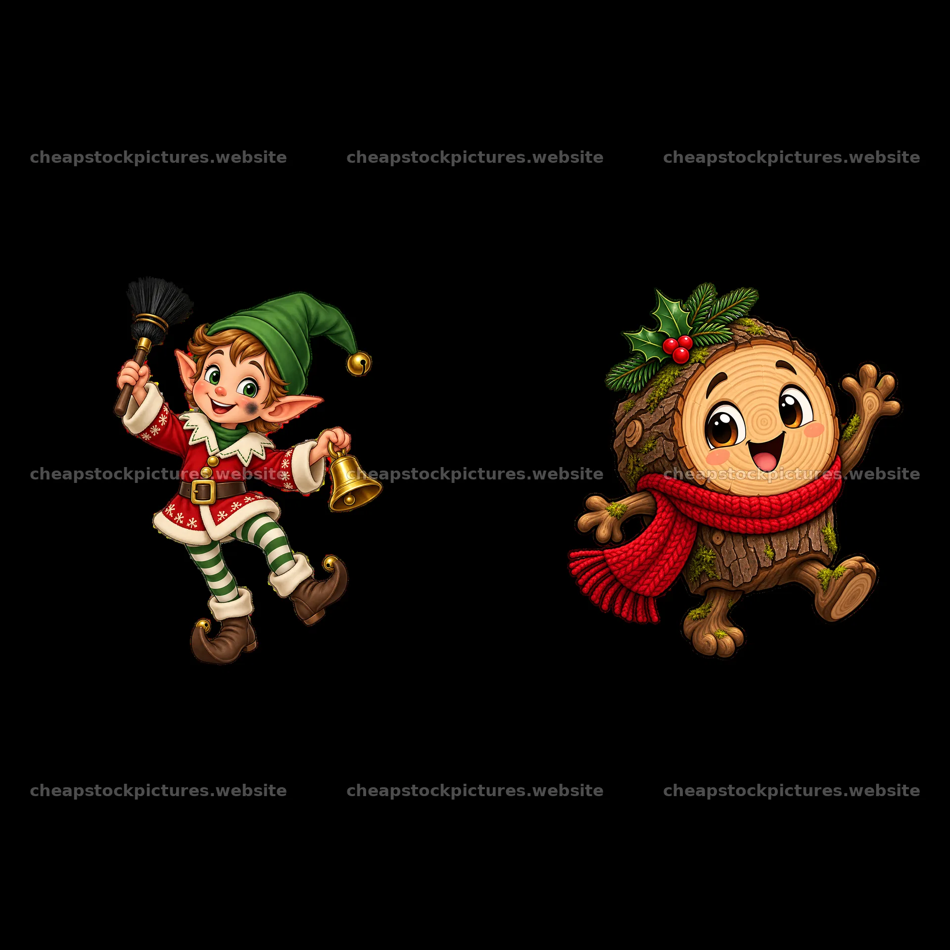 Cheerful Christmas elf and festive Christmas log character – stock pictures 7746x7746