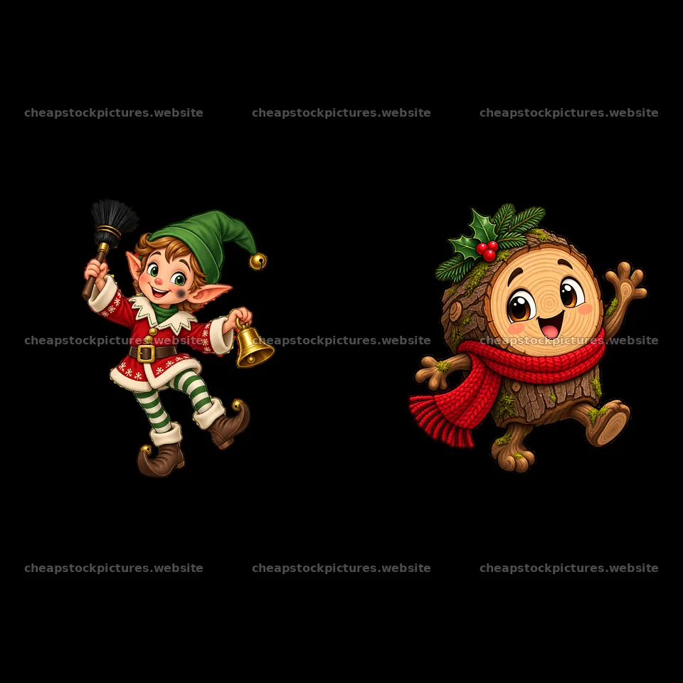 Cheerful Christmas elf and festive Christmas log character – stock pictures 7746x7746
