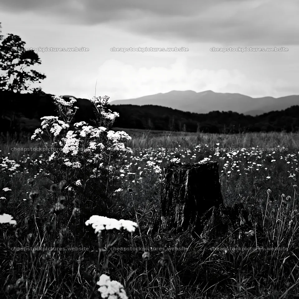 Fukushima native meadow with weathered stump and wildflowers – stock pictures 7938x7938
