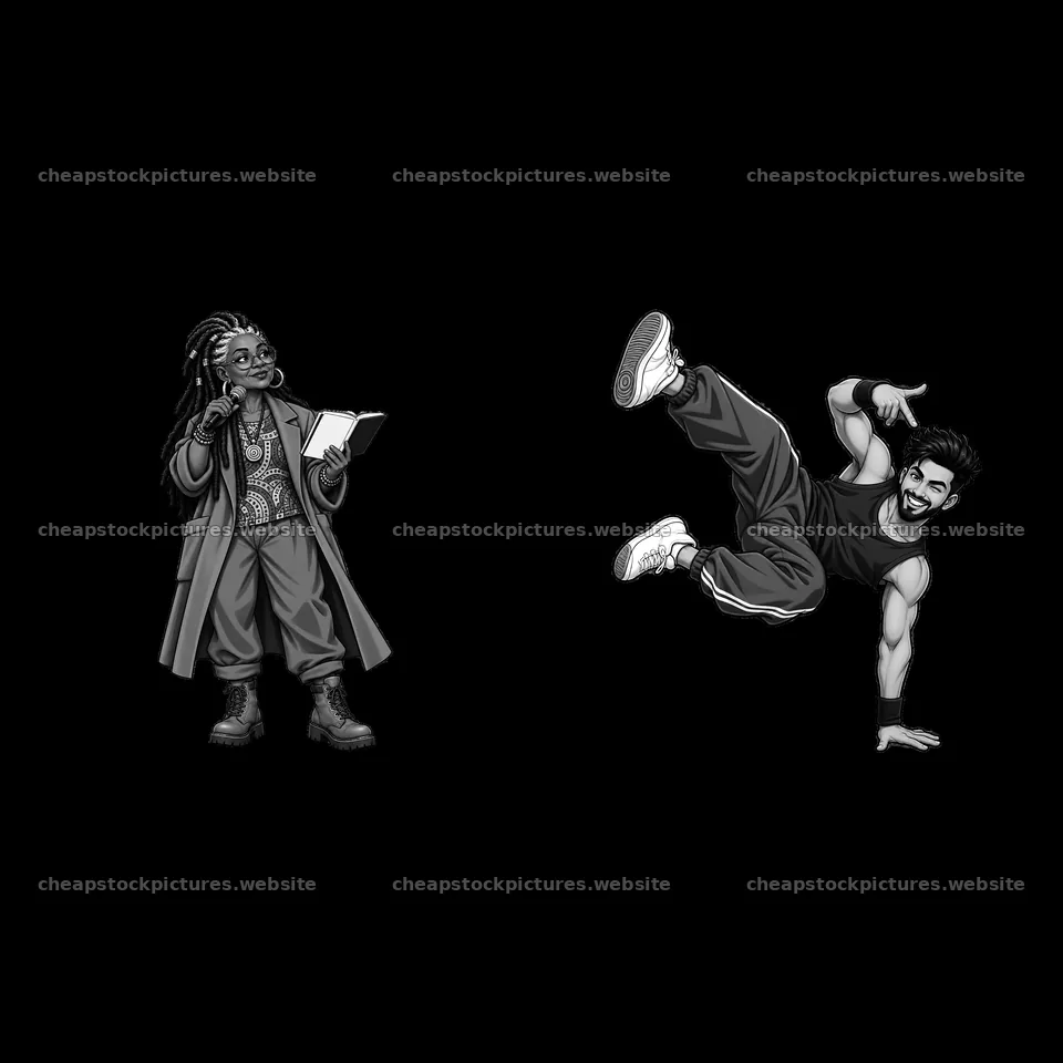 Hip-hop artist reading and breakdancer performing in black and – stock pictures 7746x7746