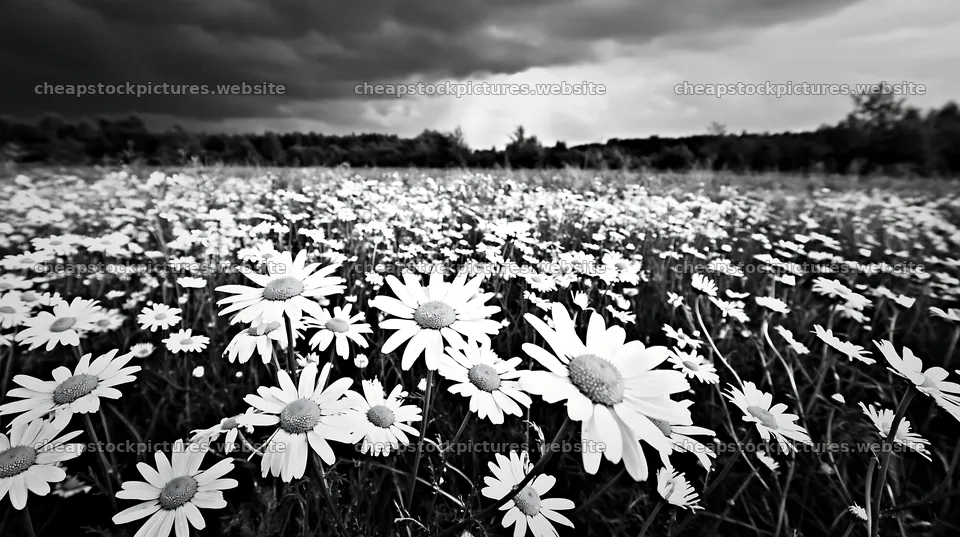 Chamomile flowers in a meadow under cloudy sky – stock pictures 10608x5938