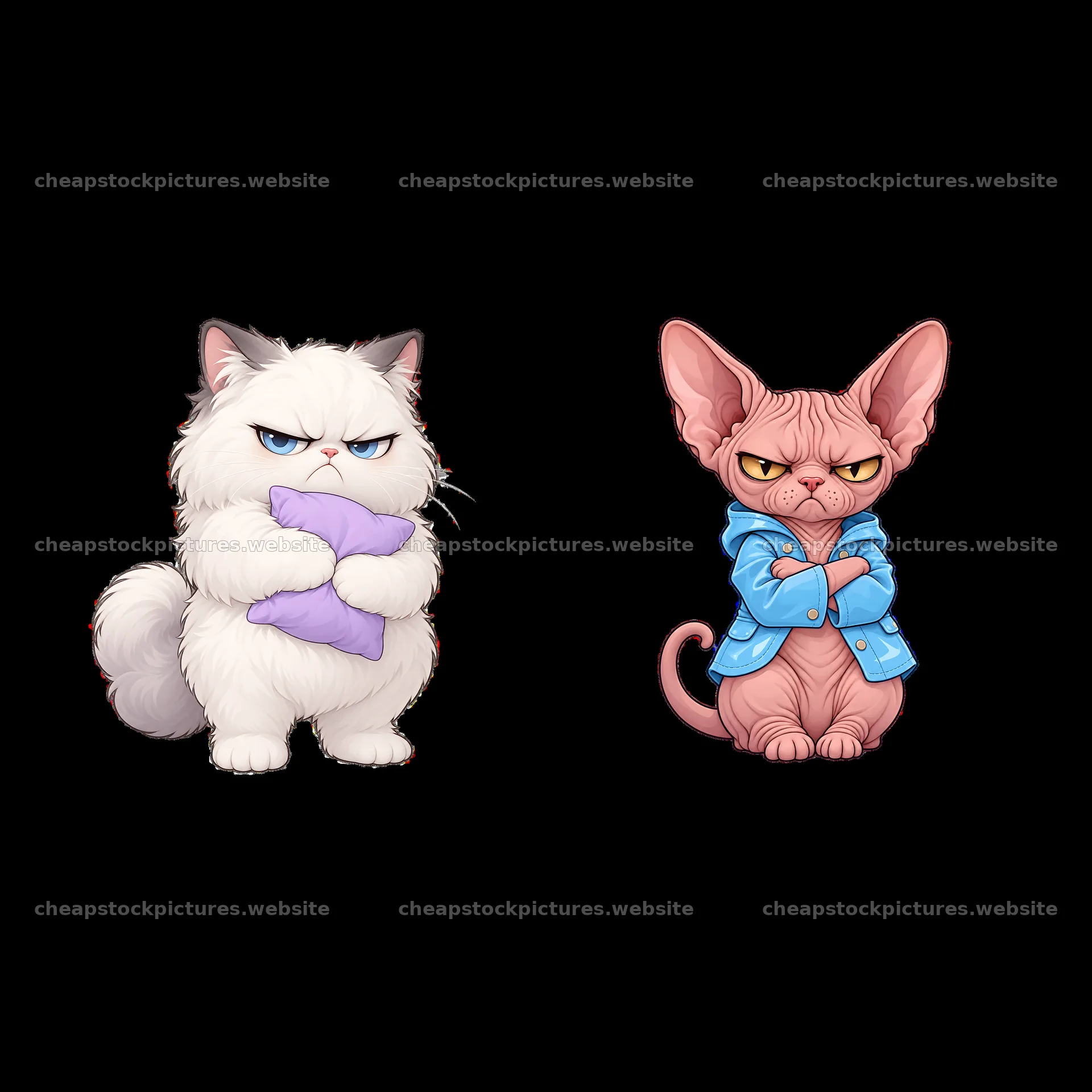 Kawaii grumpy cat sticker pair holding pillows and wearing shirts – stock pictures 7746x7746
