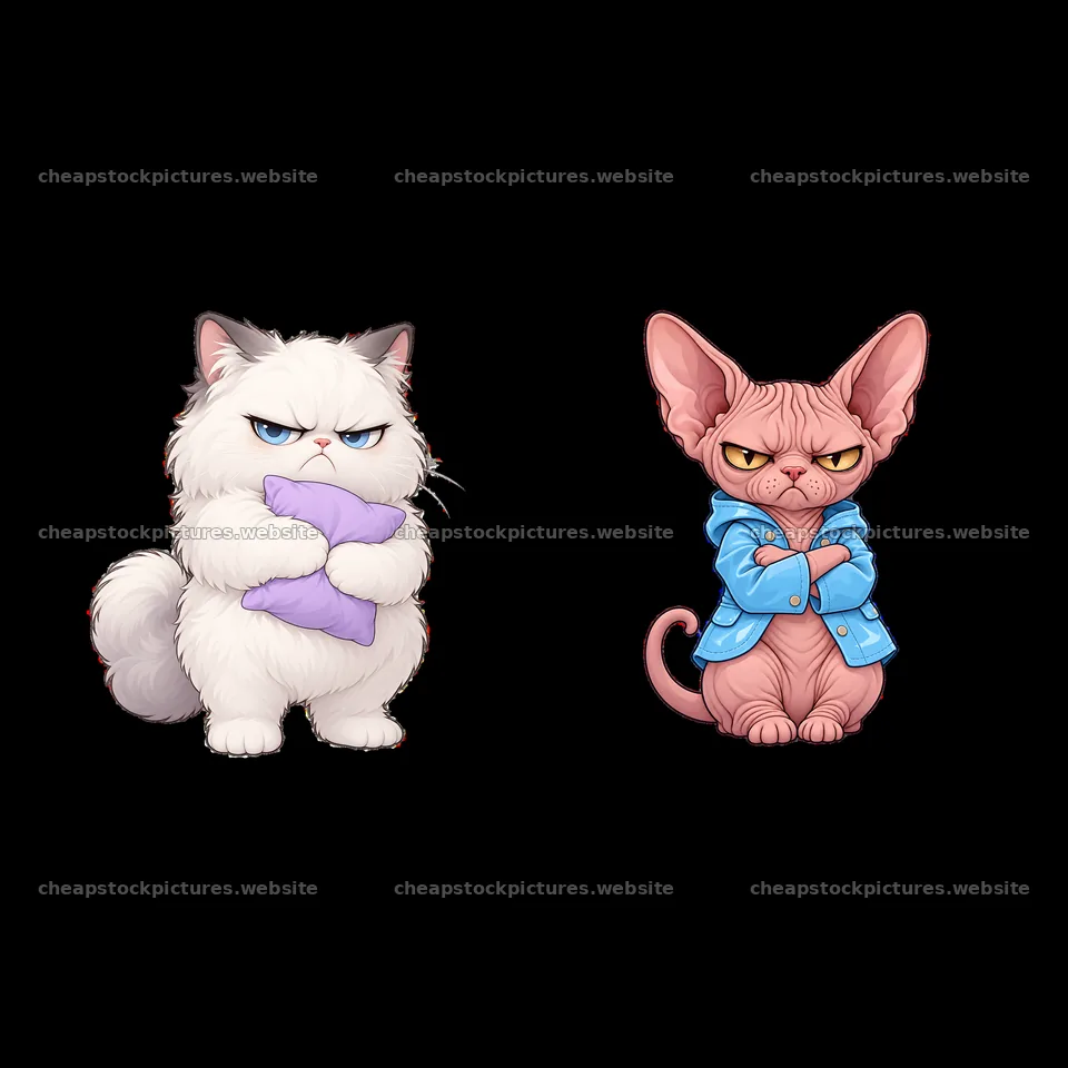 Kawaii grumpy cat sticker pair holding pillows and wearing shirts – stock pictures 7746x7746