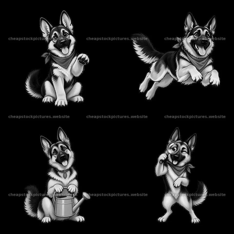 Playful German Shepherd dogs in four cartoon sticker actions – stock pictures 7746x7746