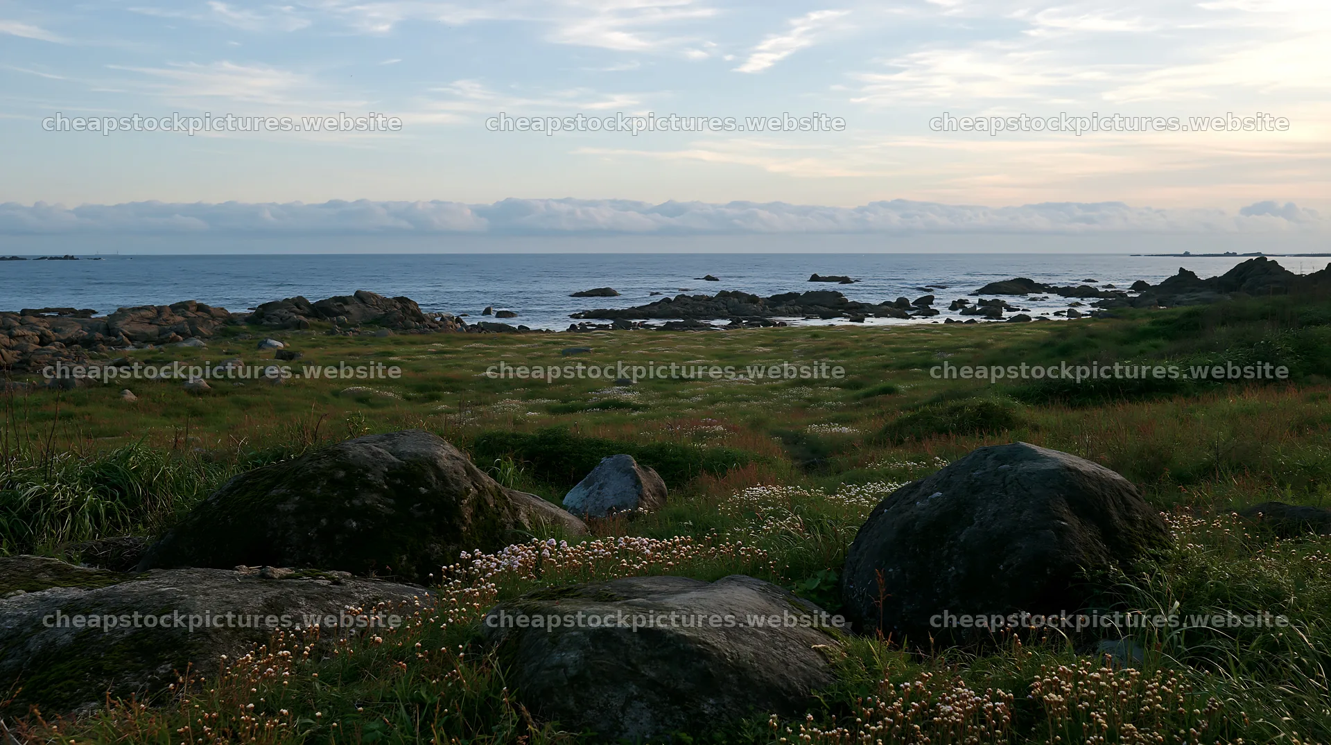 Miyagi spring recovery meadow mossy stone with ocean view – stock pictures 10608x5938