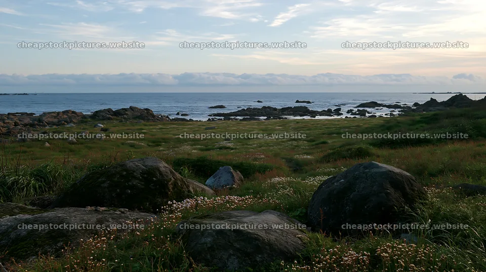 Miyagi spring recovery meadow mossy stone with ocean view – stock pictures 10608x5938