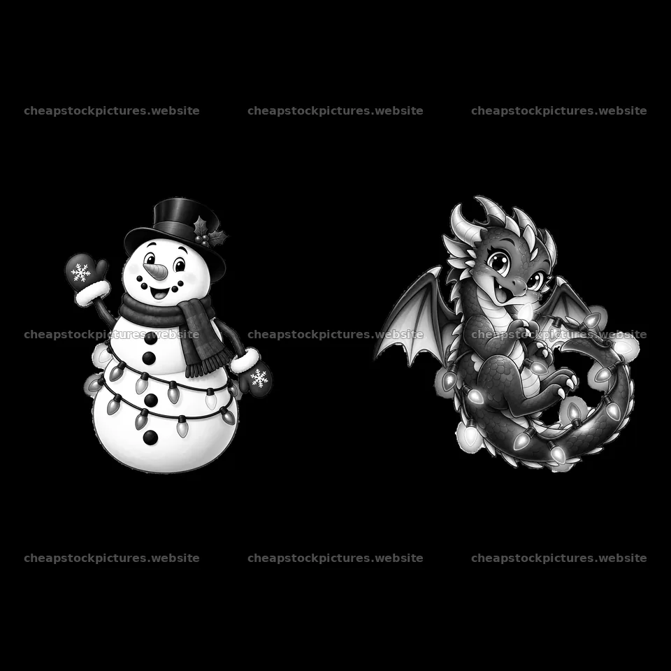 Snowman and dragon with string lights in black-and-white – stock pictures 7746x7746