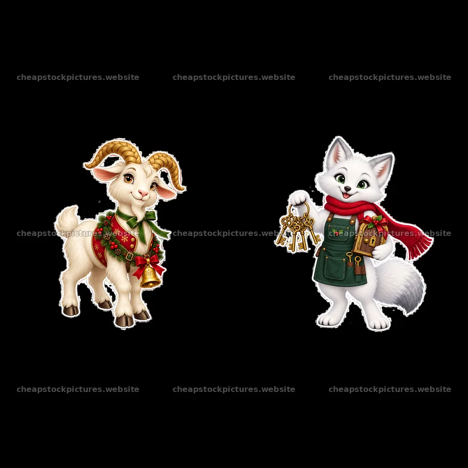 Goat and fox with Christmas accessories by the door – stock pictures 7746x7746