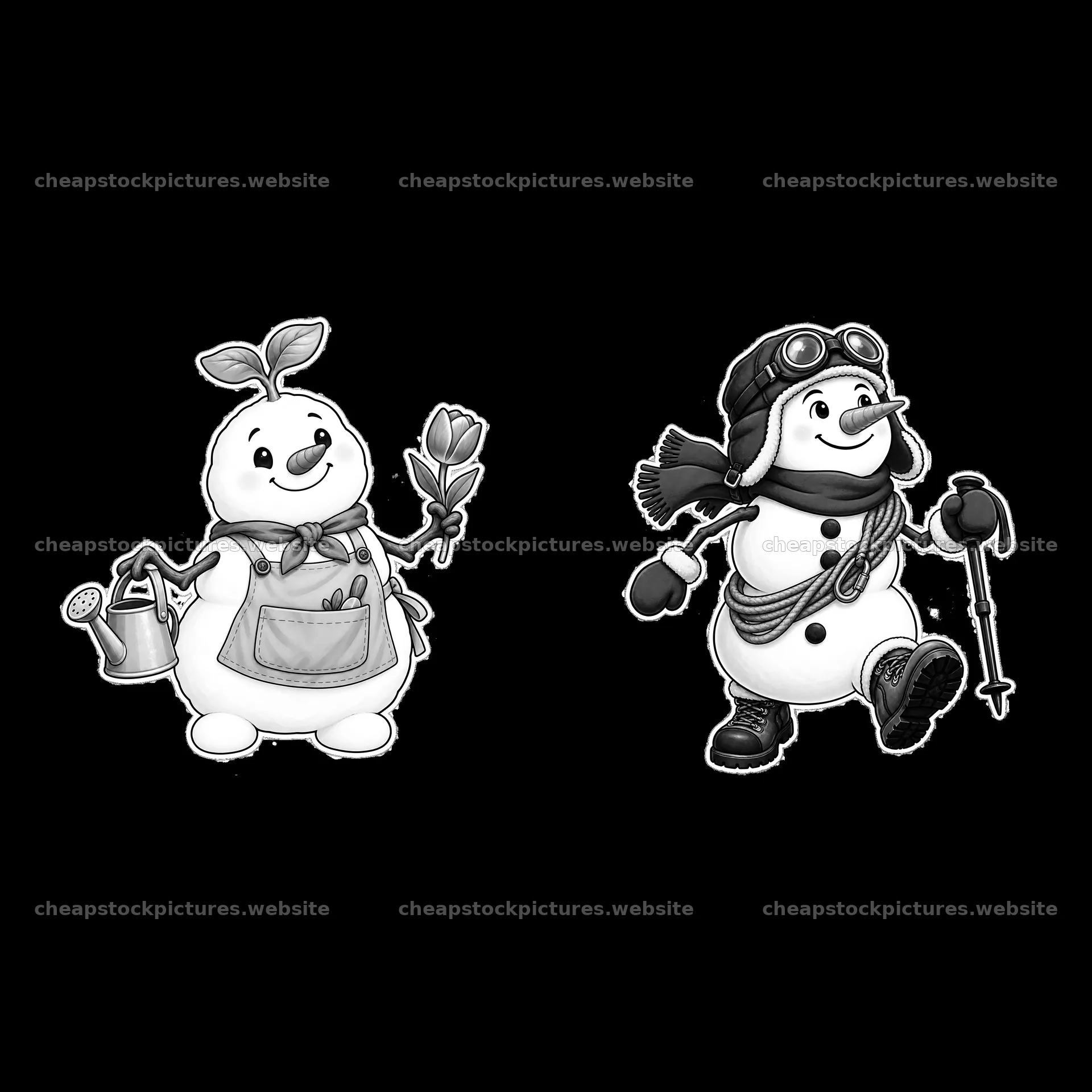 Snowman with flower and gardening tools next to adventurous snowman – stock pictures 7746x7746