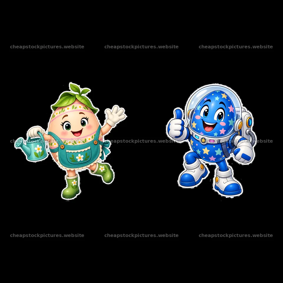 Easter egg characters holding gardening tools and giving thumbs up – stock pictures 7746x7746