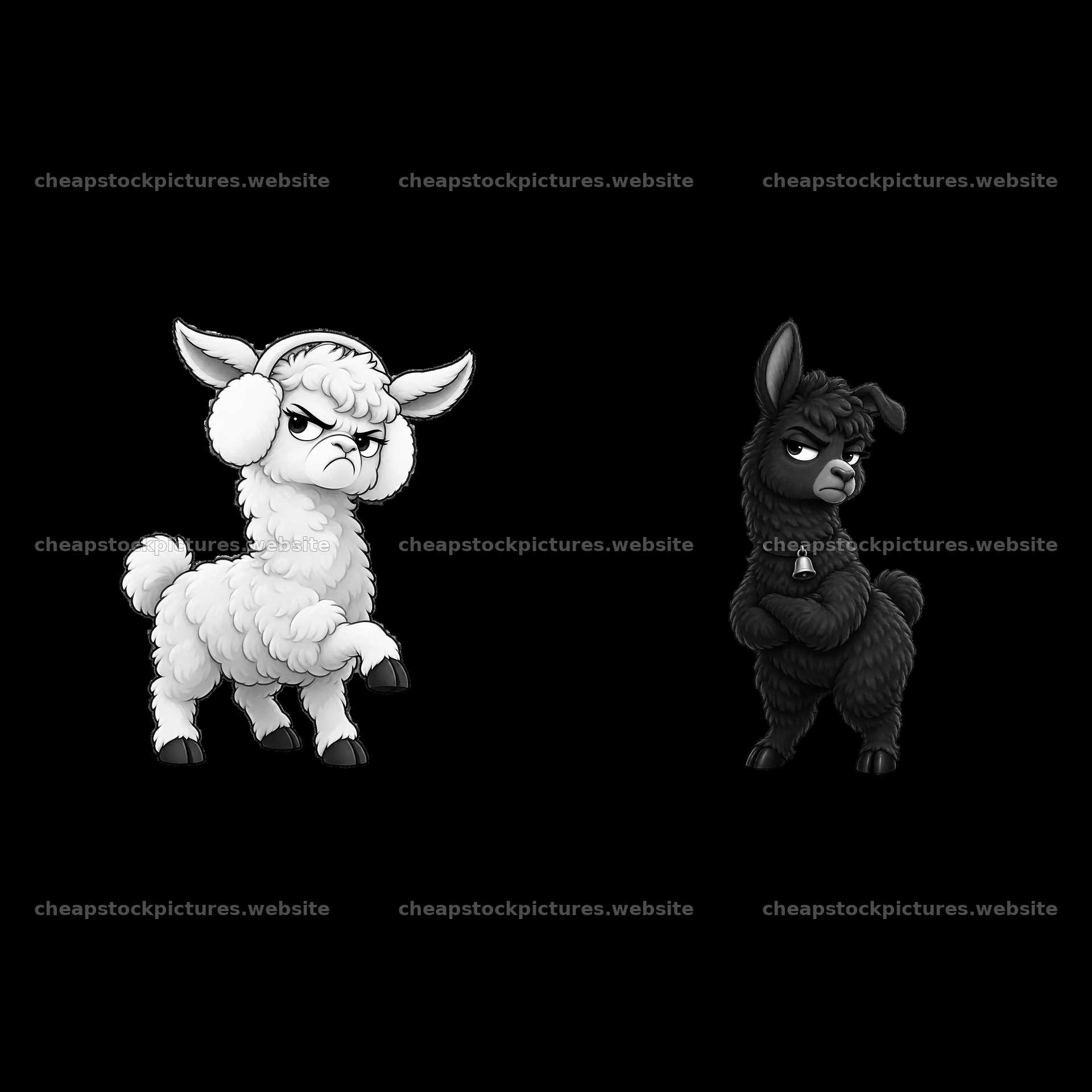 Grumpy llama characters in black and white cartoon style – stock pictures 7746x7746