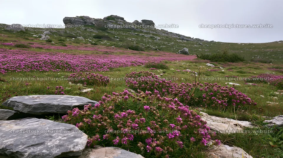 Cloudy rockrose meadow on a limestone slope – stock pictures 10608x5938