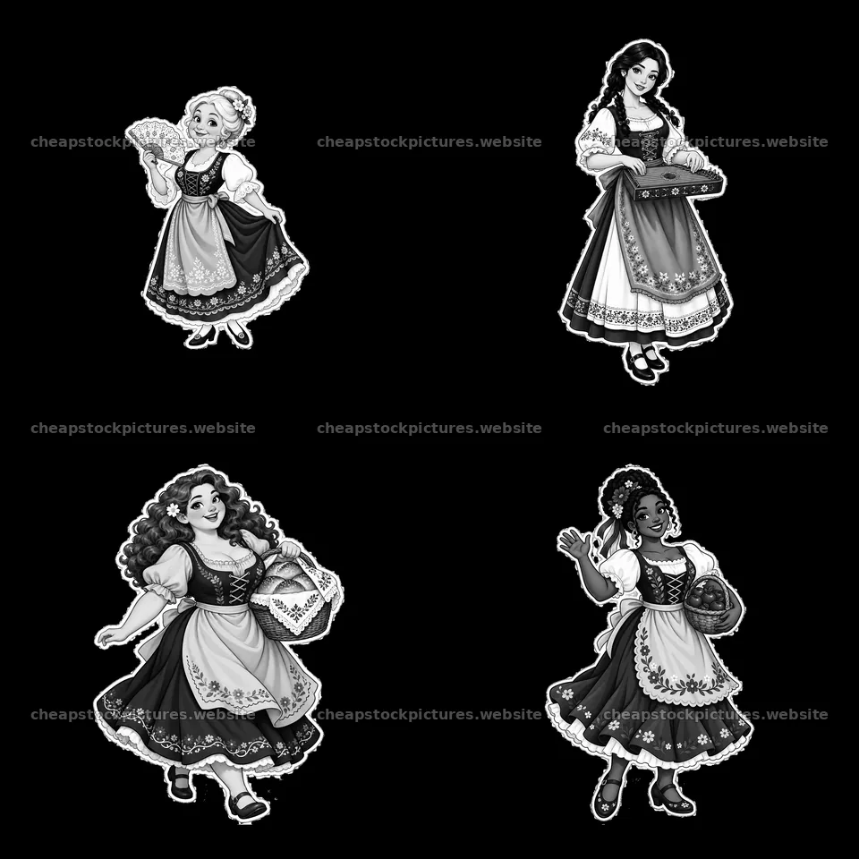 Women in traditional folk dress holding various props in squares – stock pictures 7746x7746