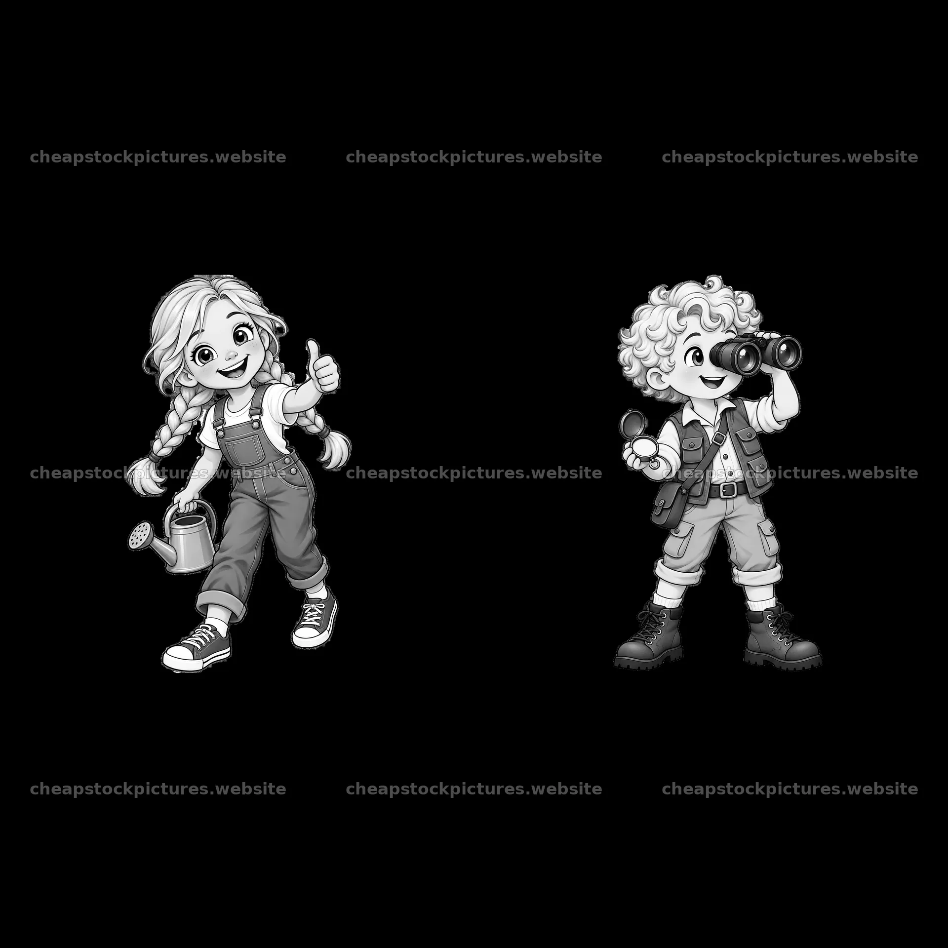 Blond children with watering can and binoculars in monochrome style – stock pictures 7746x7746