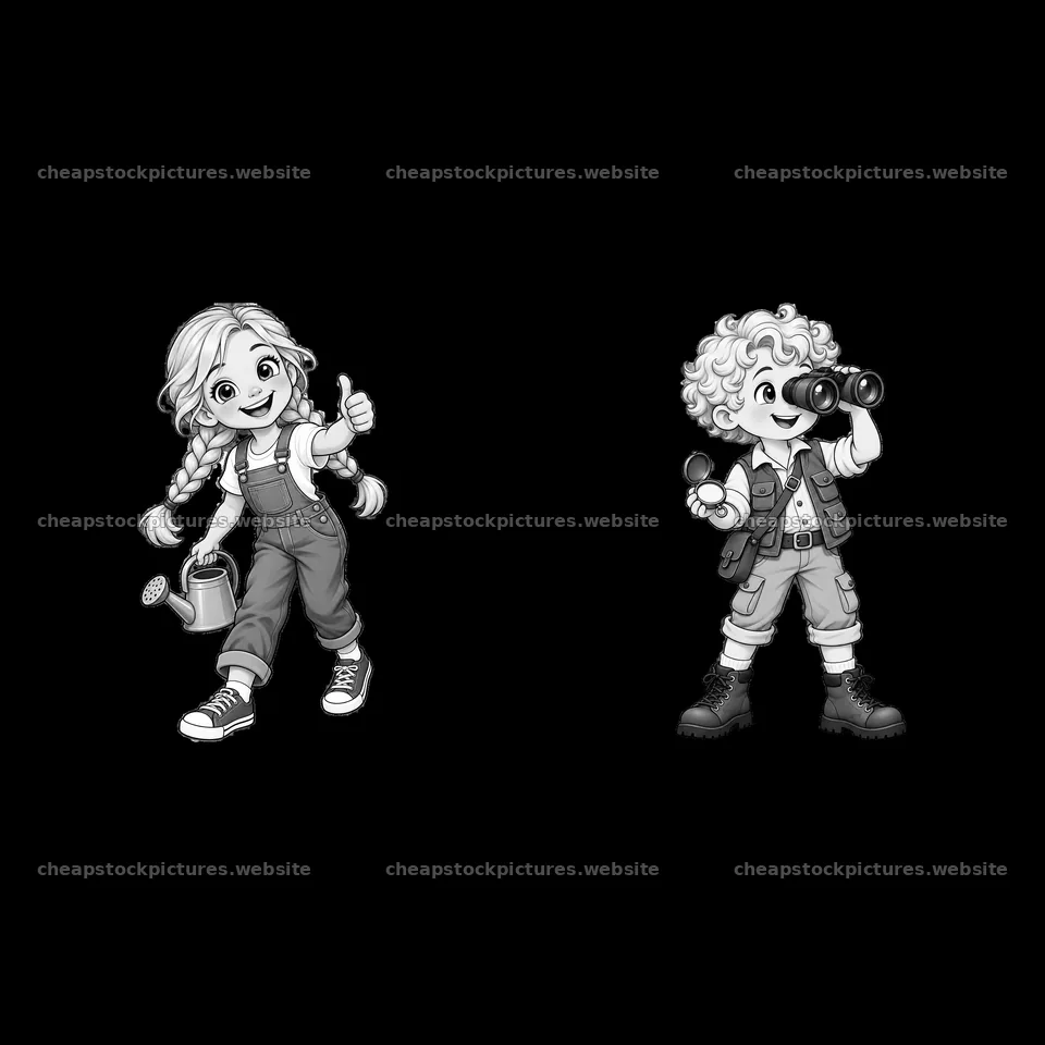 Blond children with watering can and binoculars in monochrome style – stock pictures 7746x7746
