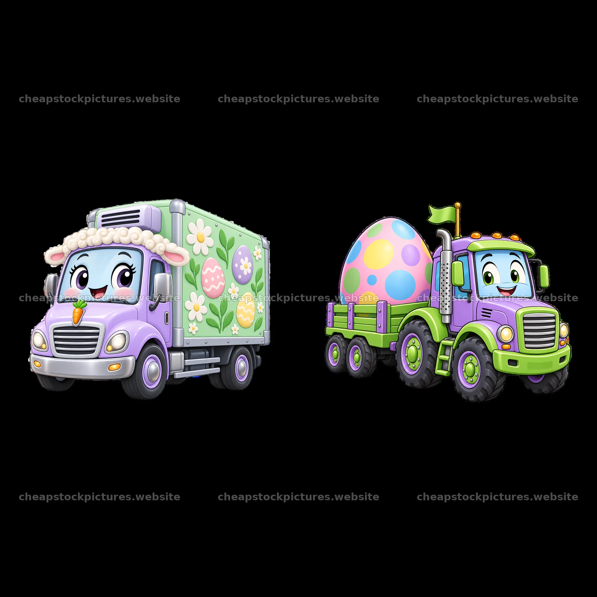 Easter themed trucks with colorful eggs and cute designs – stock pictures 7746x7746