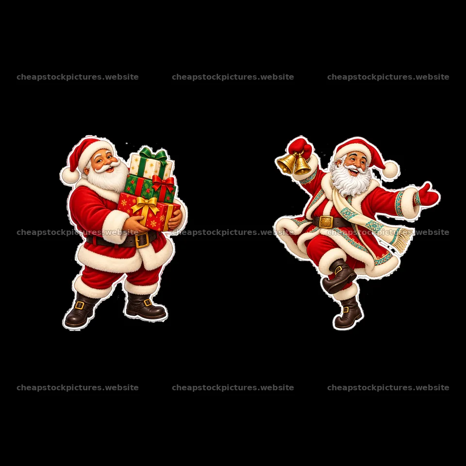 Santa Claus with gifts and Santa Claus with bell – stock pictures 7746x7746