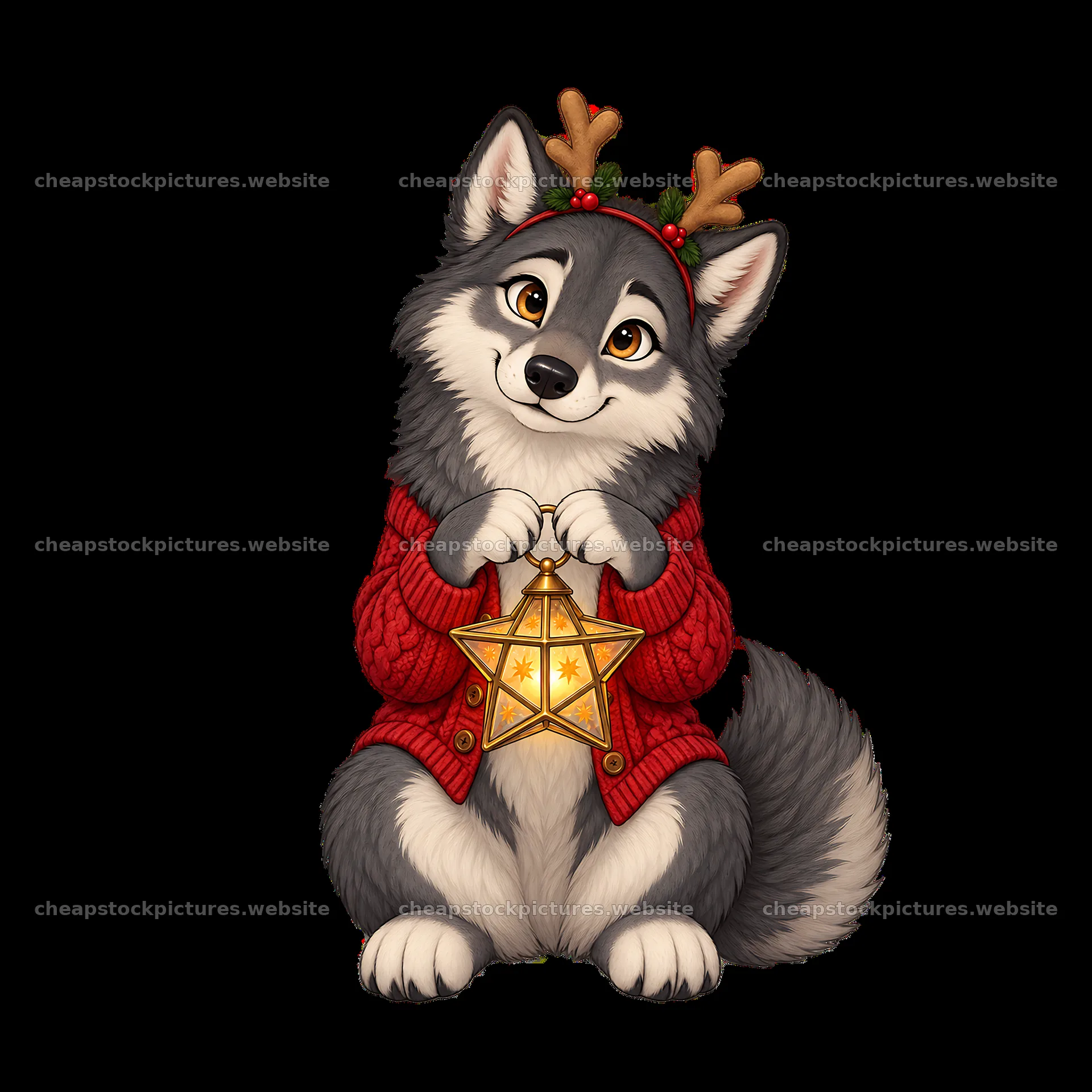 Christmas wolf character holding a star lantern in a sweater – stock pictures 7746x7746
