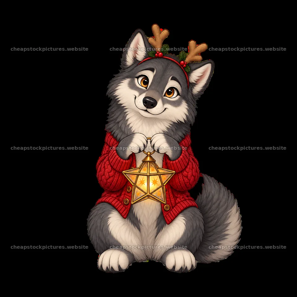 Christmas wolf character holding a star lantern in a sweater – stock pictures 7746x7746