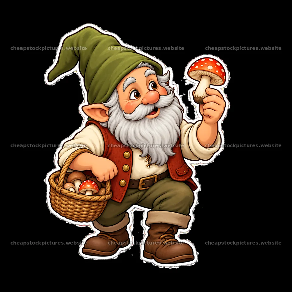 Gnome holding a mushroom with a basket in a whimsical scene – stock pictures 7746x7746