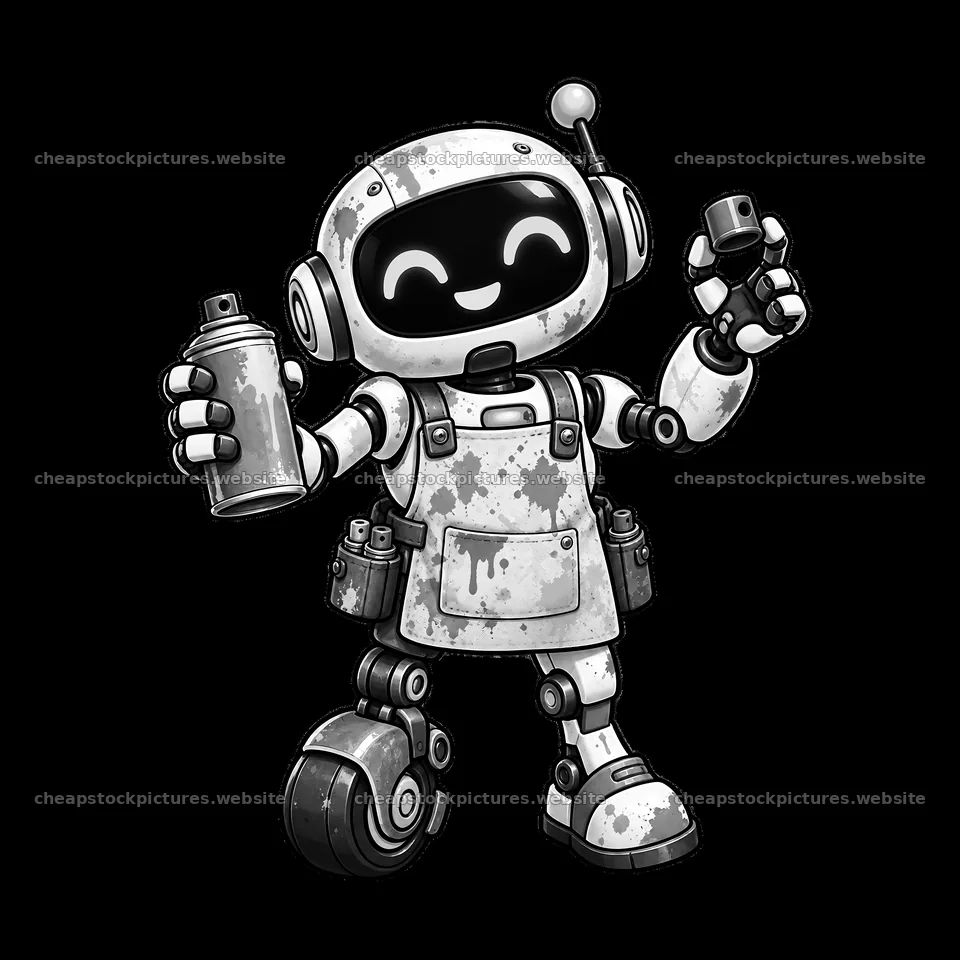 Robot graffiti sprayer holding spray can in playful pose – stock pictures 7746x7746