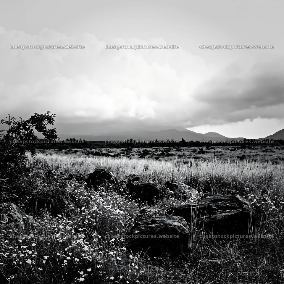 Yamanashi regenerative meadow with basalt stones under cloudy sky – stock pictures 7938x7938