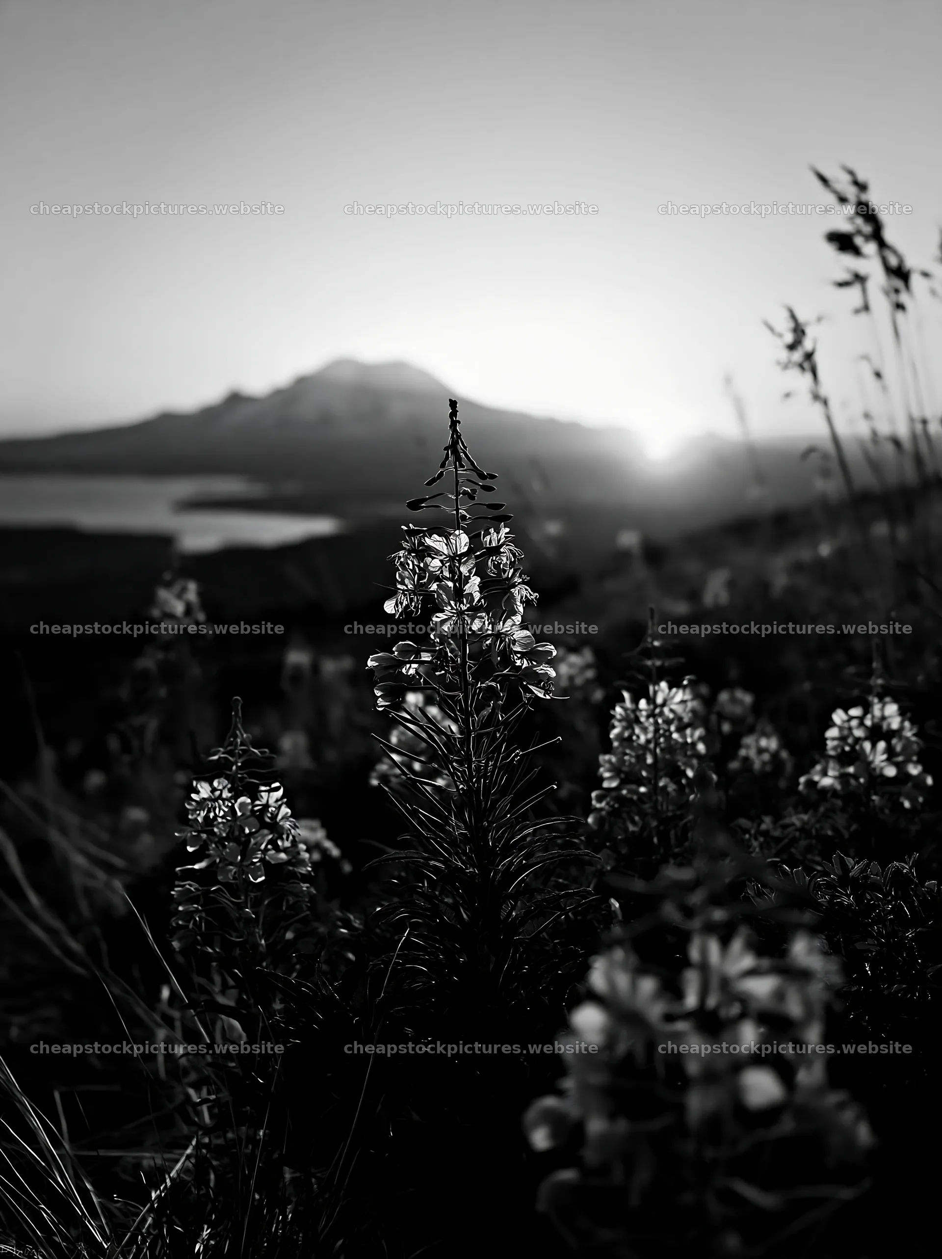 Fireweed meadow at sunset with mountains in the background – stock pictures 6866x9174