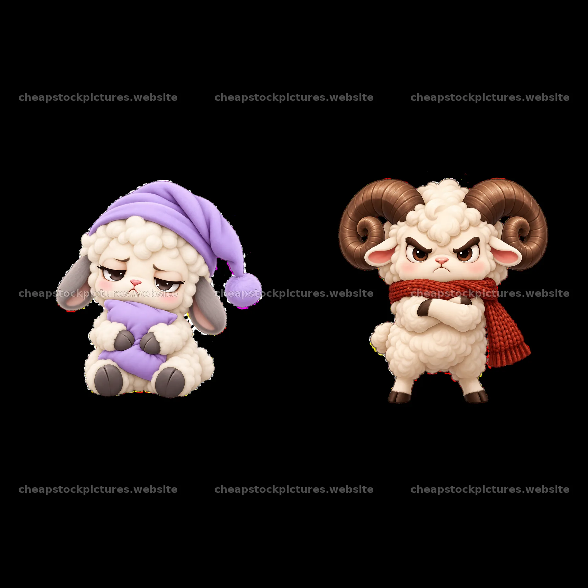 Kawaii grumpy sheep characters in cozy and assertive poses – stock pictures 7746x7746