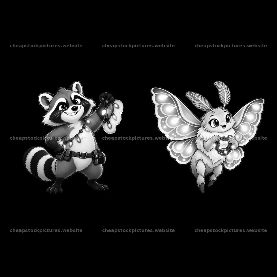 Raccoon and moth holding string lights in cartoon style – stock pictures 7746x7746