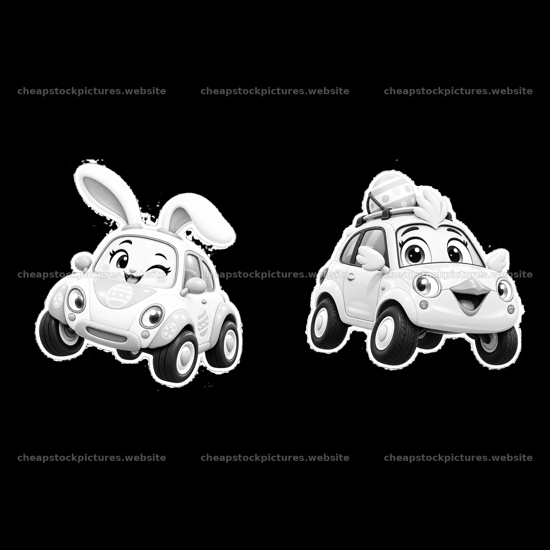 Easter bunny and chick driving cute cartoon cars – stock pictures 7746x7746