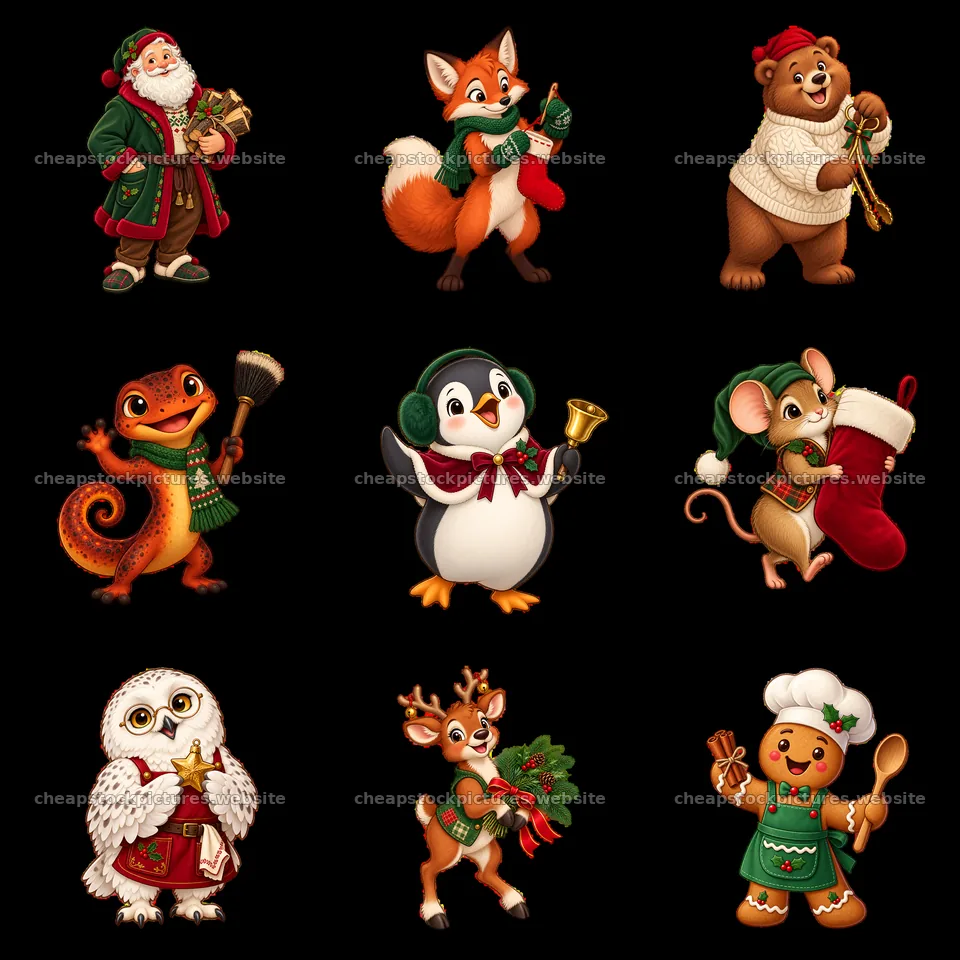 Christmas themed cartoon characters by a fireplace in 3x3 grid – stock pictures 7746x7746